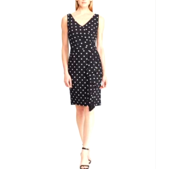 Lauren Ralph Lauren Black Polka Dot Dress Side Ruching And Ruffle Size 6‎ NWOT - Picture 1 of 7